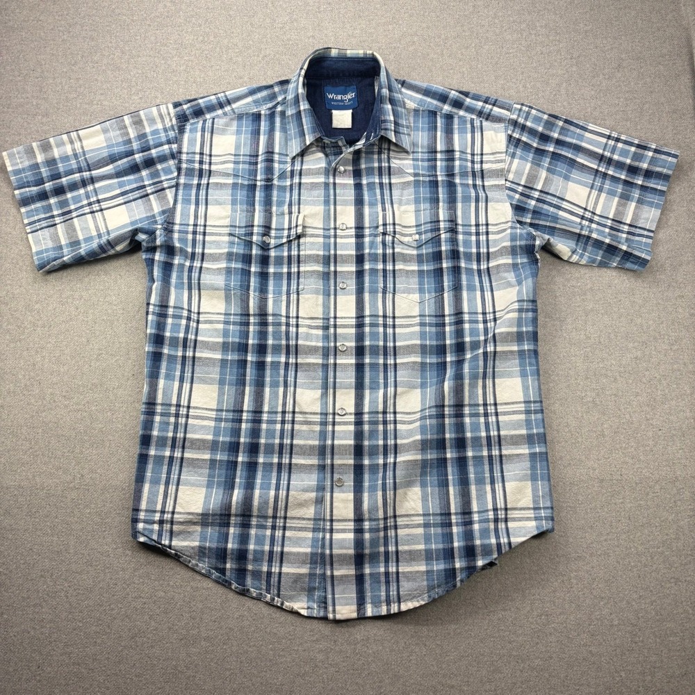 Vintage 90s Wrangler Pearl Snap Western‎ Heavyweight Twill Shirt Mens L Blue SS